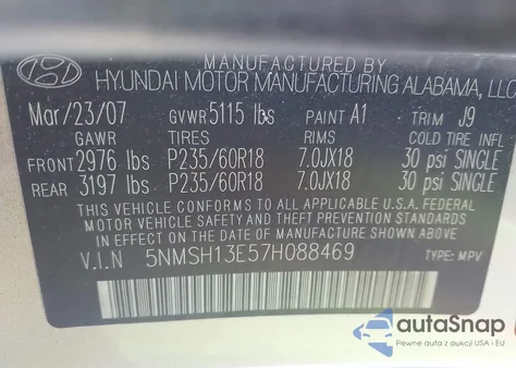 2007 Hyundai Santa Fe Limited/Se from USA, damaged, VIN 5NMSH13E57H088469